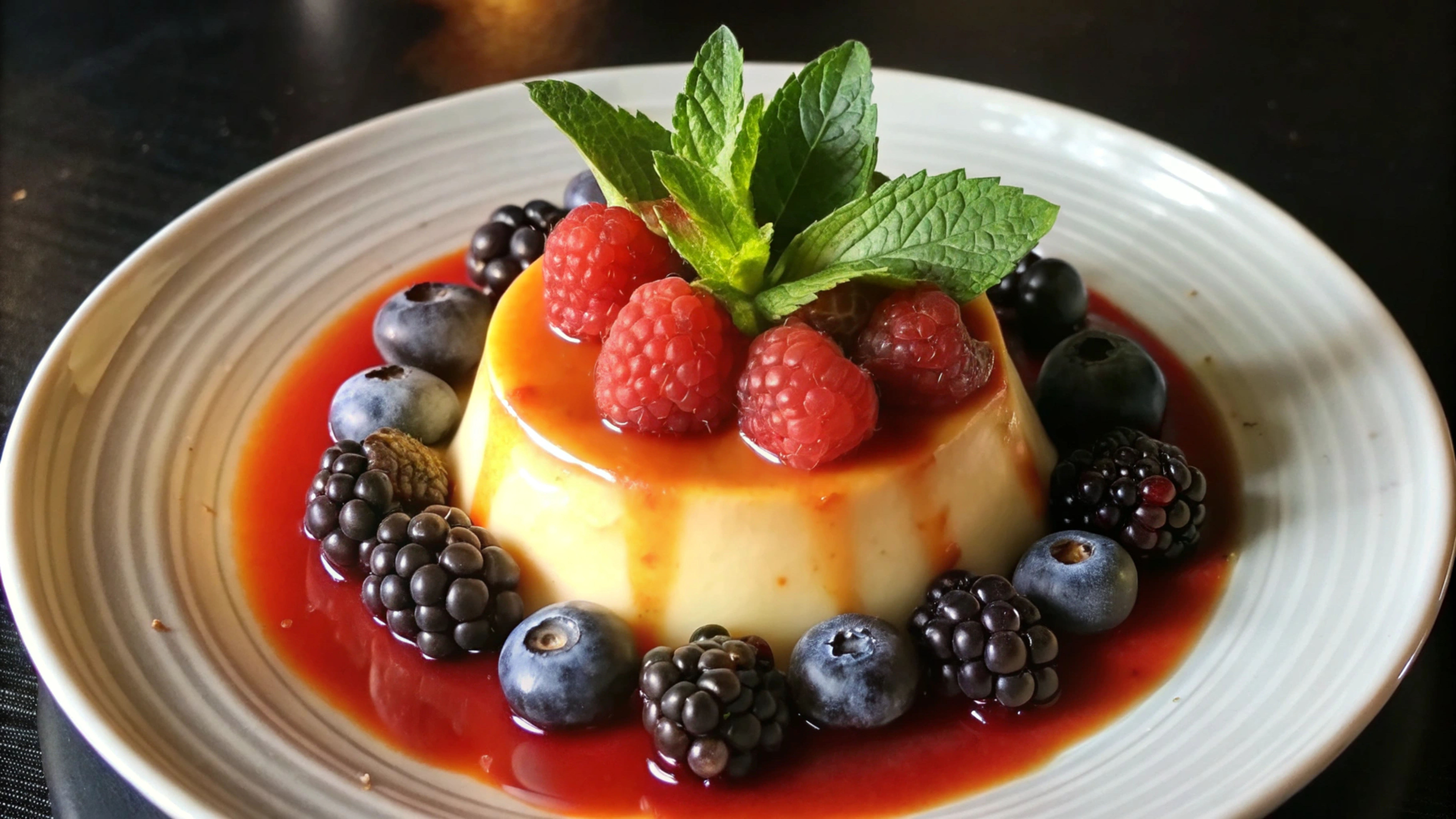 A flan with berries and caramel sauce on a plate